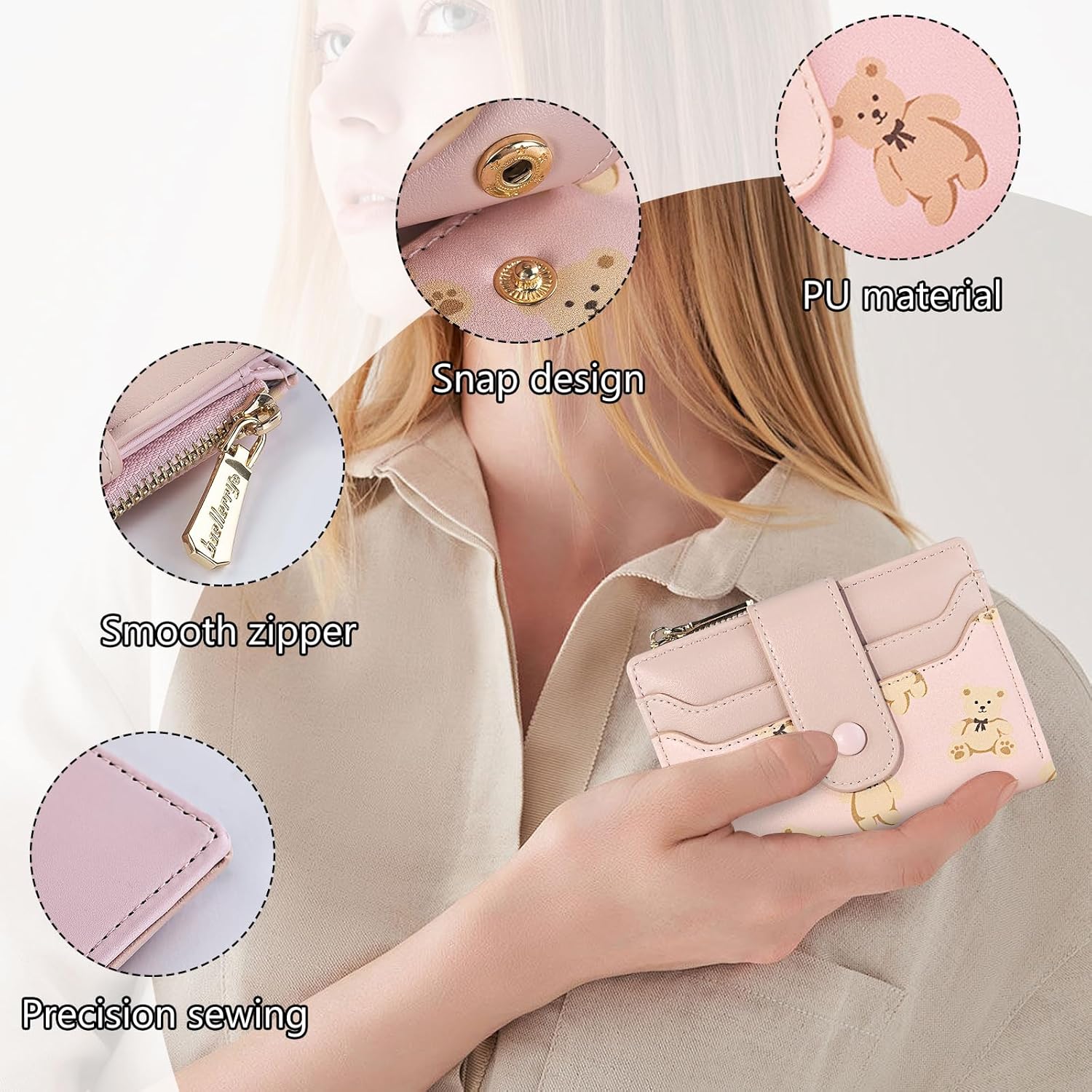 Cute Wallet for Women, Bear Print Zip Bifold Wallet with Front Card Slot, ID Window, Cash Slot, Short Women Wallet, Elegant Youthful and Cute - Image 2