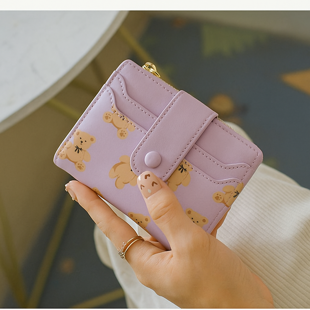 Cute Wallet for Women, Bear Print Zip Bifold Wallet with Front Card Slot, ID Window, Cash Slot, Short Women Wallet, Elegant Youthful and Cute - Image 3