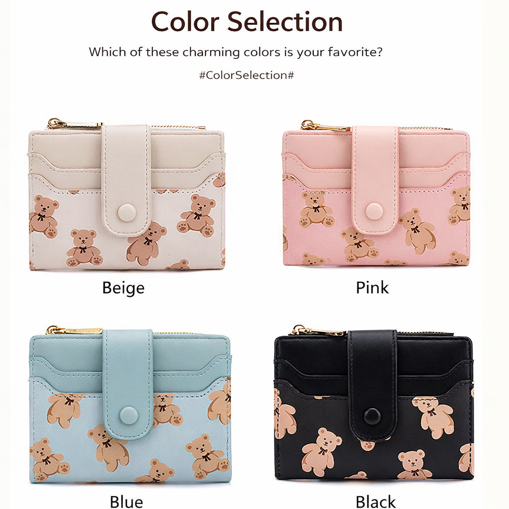 Cute Wallet for Women, Bear Print Zip Bifold Wallet with Front Card Slot, ID Window, Cash Slot, Short Women Wallet, Elegant Youthful and Cute