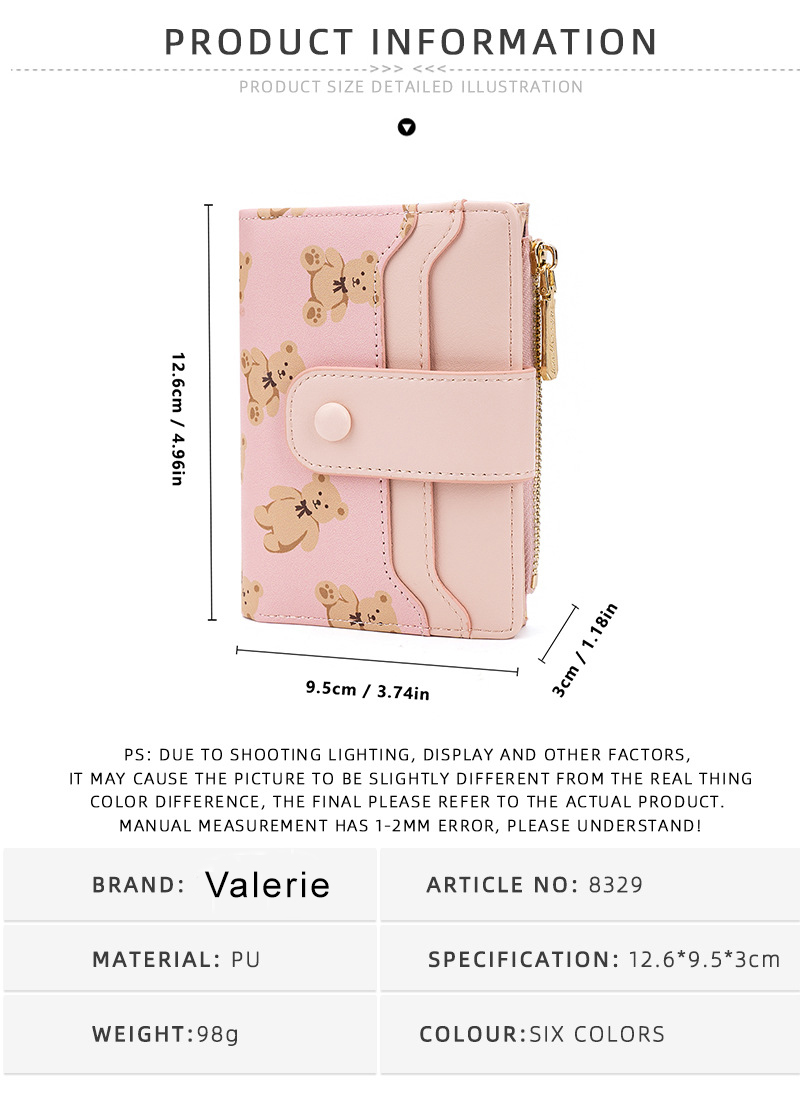 Cute Wallet for Women, Bear Print Zip Bifold Wallet with Front Card Slot, ID Window, Cash Slot, Short Women Wallet, Elegant Youthful and Cute - Image 12