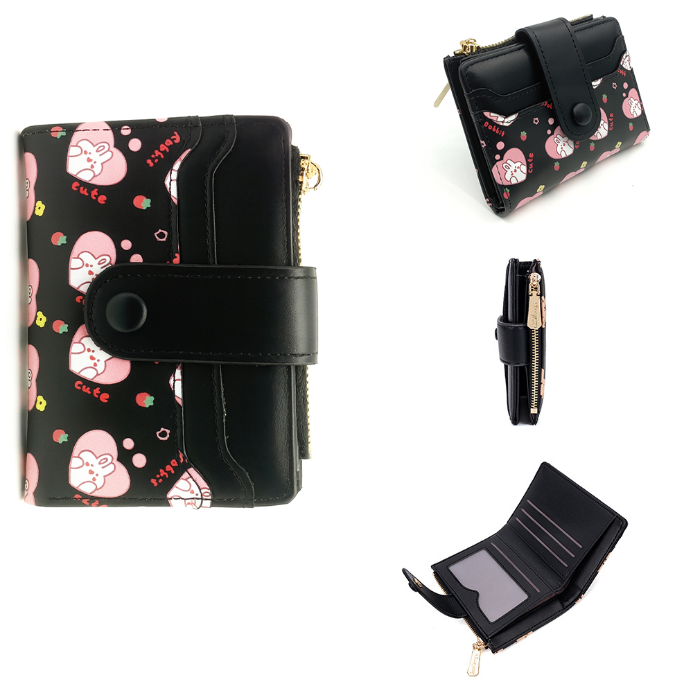 Cute Wallet for Women, Rabbit Print Zip Bifold Wallet with Front Card Slot, ID Window, Cash Slot, Short Women Wallet - Image 3