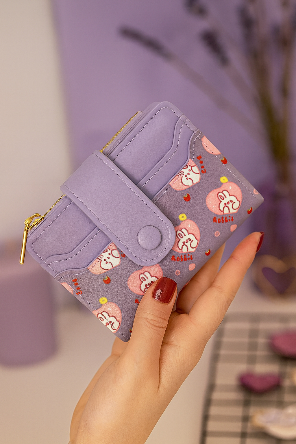 Cute Wallet for Women, Rabbit Print Zip Bifold Wallet with Front Card Slot, ID Window, Cash Slot, Short Women Wallet