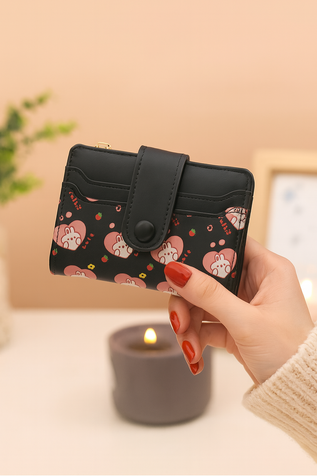 Cute Wallet for Women, Rabbit Print Zip Bifold Wallet with Front Card Slot, ID Window, Cash Slot, Short Women Wallet - Image 5