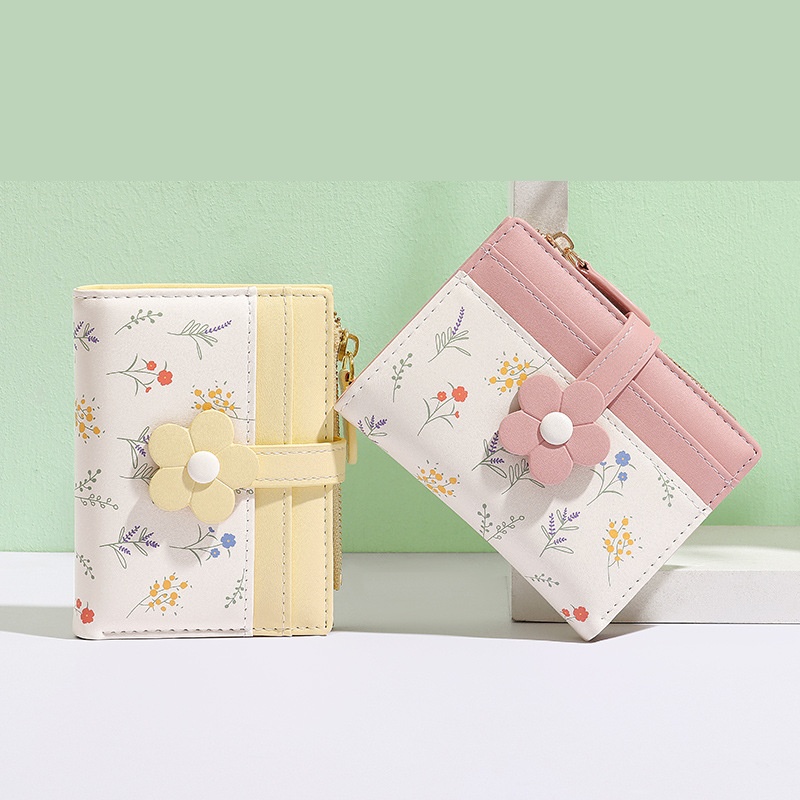 Women Mini Wallet with Zip Coin Pocket | Floral Print Card Holder Purse | Compact PU Leather Wallet for Girls & Ladies